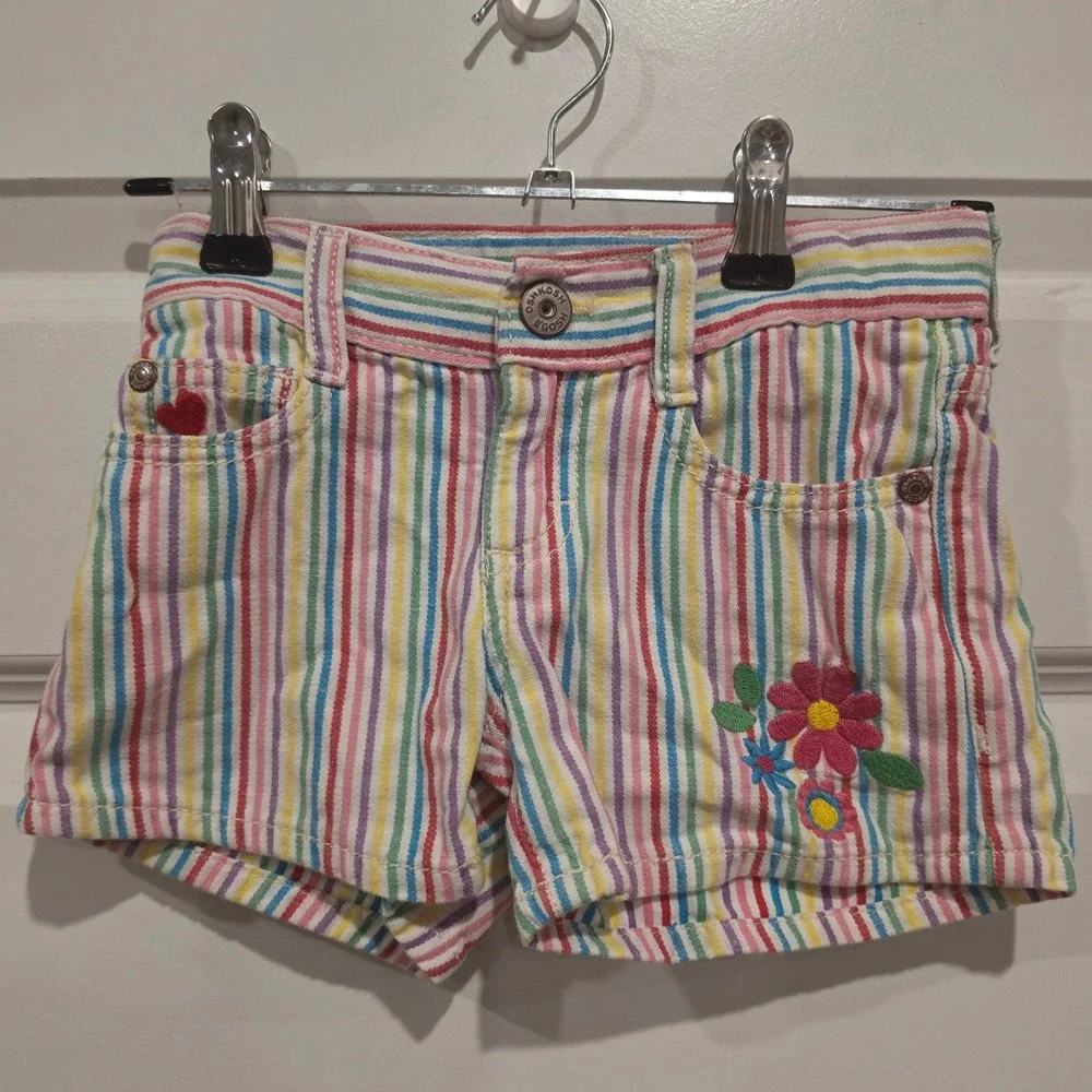 OshKosh B'gosh Shorts Girls 4 Rainbow Cotton Preppy Flower Heart Embroidery Y2K